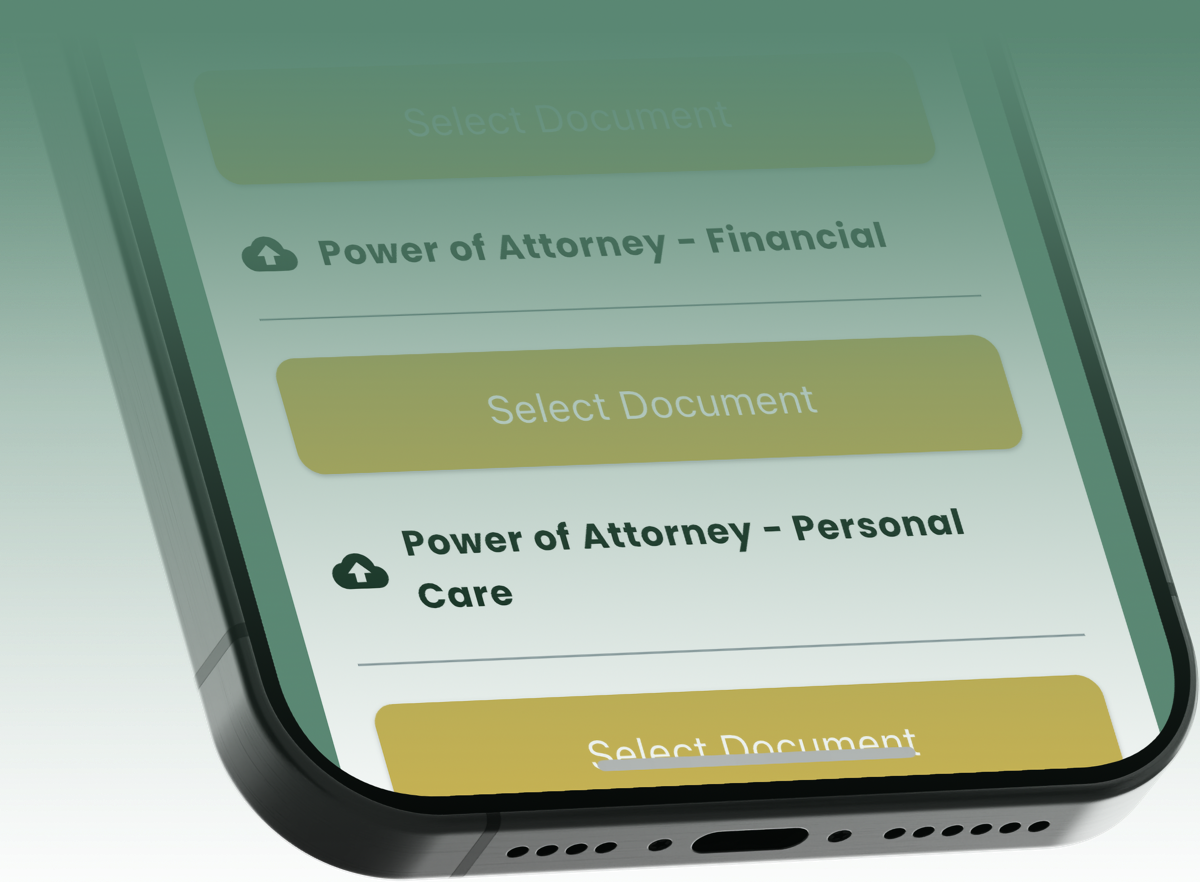 iPhone mockup of the E.X.I.T. Document Vault dashboard, showing secure access to IDs, certificates and Power of Attorney—organize vital documents in one place to ease the burden on loved ones.