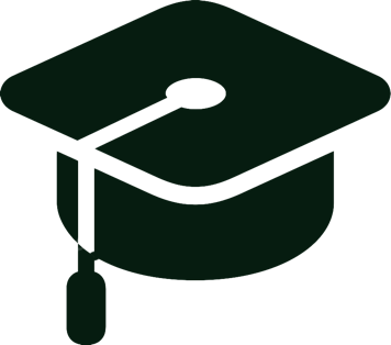 A simple dark-green graduation cap icon on a muted green background, representing the “Resources” feature of the E.X.I.T. app, which provides access to tools and guides to plan with confidence.